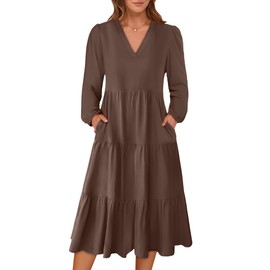 ANRABESS Women's Long Lantern Sleeve Floral Midi Dresses 2025 Fall V Neck Casual Flowy A-line Tiered Boho Vacation Long Dress Coffee Small