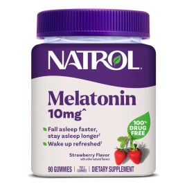 Gomitas de melatonina Natrol, Apoyo al sueño para adultos, Suplemento de melatonina de 10 mg para dormir, 90 gomitas con sabor a fresa, suministro de hasta 45 días