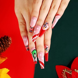 Christmas Press on Nails Long Coffin Fake Nails French Tip Glue on Nails Fuil Cover False Nails with Cartoon Snowflase Designs Acrylic Nails Press ons Christmas Stick on Nails for Women