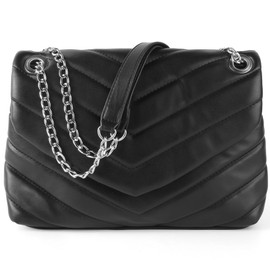 Quilted Crossbody Bag for Women, Soft Vegan Chevron Purses, Trendy Shoulder Handbags with Flap (Black-Silver)