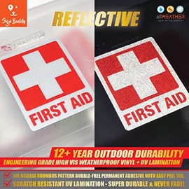 (Pack of 6 pcs) (2.50 x 2.00" inch) REFLECTIVE FIRST AID STICKERS Weatherproof High Visibility Engineer Grade Red Cross Medical Box Safety Kit Sign UV Fade-Resistant Lamination Waterproof Vinyl Decals