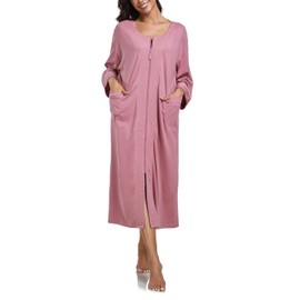 COLORFULLEAF 100% Cotton Zipper Robes for Women 3/4 Sleeve Bathrobe Lightweight with Pockets Loungewear(Dusty Rose,2XL)