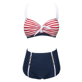 bslingerie® Traje de baño de bikini retro de cintura alta con push up para mujer, talla grande, azul y Red, XL