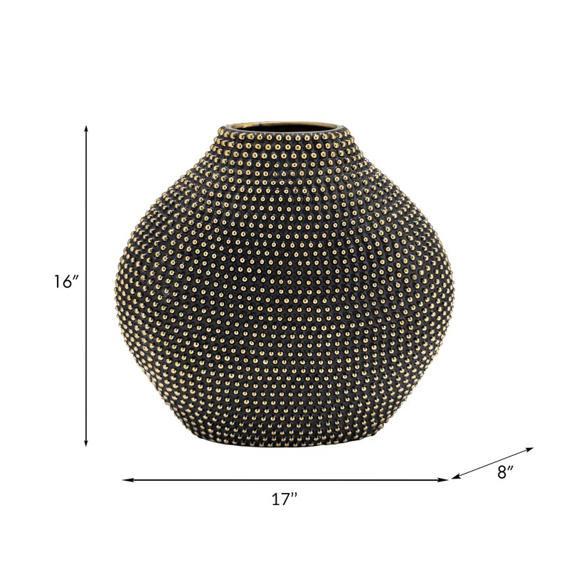 Ceramic 16" Beaded Vase, Black/Gold