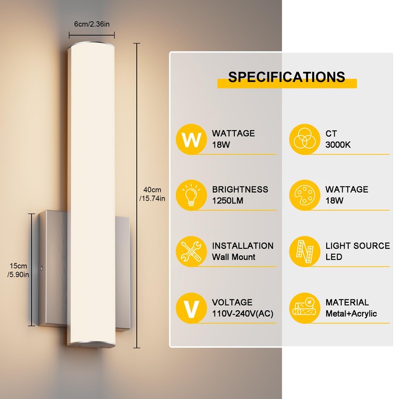 Aoceley 15.7 Inches Modern Bathroom Led Wall Sconces,18W 3000K Hardwired