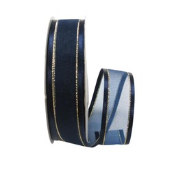 Ribbon Bazaar Satin Edge Sheer Organza with Metallic Trim - Navy (Gold Trim) 1-1/2" 25yd