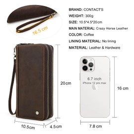 Contact's Men's Genuine Leather Clutch Business Travel Double Zip Around Purse 5 Interlayer Vintage Long Wallet with Wrist Wrap (Coffee)