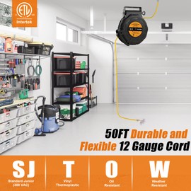 SURAIELEC 12 Gauge Retractable Extension Cord Reel, 50 FT 12 AWG/3C SJTOW Heavy Duty Power Cord, 3 Outlets Triple Tap, 15 AMP Circuit Breaker, Ceiling/Wall Mount, ETL Listed