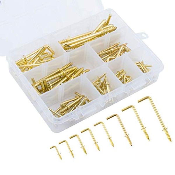 INCREWAY -Screw Hooks, 170 Pieces, 8 Sizes, Gold Brass Plated