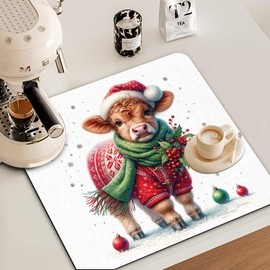 Veqzc Highland Cow Christmas Dish Drying Mat - Highland Cow Absorbent Dish Drying Mat for Kitchen Counter,Coffee Bar Mat,Coffee Maker Mat for Countertops,Christmas Kitchen Decor,16x17.5 Inch