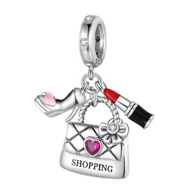 VALGACLS High-heeled, Lipstick and Shopping Bag Charm 925 Sterling Silver Charms for Bracelets and Necklaces