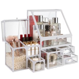 Haoh Glass Makeup Organizer Multi-Functional with Pearl Makeup Organizer with Drawers for Bathroom Vanity Organizer Skincare Lipstick Brushes