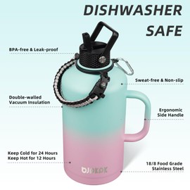 BJPKPK 2/3 Gallon Water Bottle Insulated with Straw Lid, 50oz, 64oz, 87oz, 128oz Large, Stainless Steel Water Bottles with 3 Lids and Paracord Strap, Double Wall Vacuum Metal Water Jug,Marshmallow