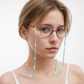 WOZEAH Eyeglass Chain for Women Stylish - Crystal Pearls Beaded Glasses Chain, Sunglasses Lanyard for Reading Glasses Strap（Blue&Pearl）