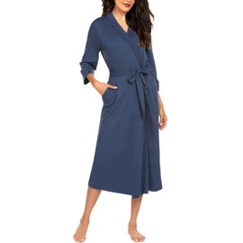 Hotouch Womens Robe Female Kimono Cotton Bathrobe Lightweight Knit Sleepwear Long for Home Spa(Navy Blue Large)