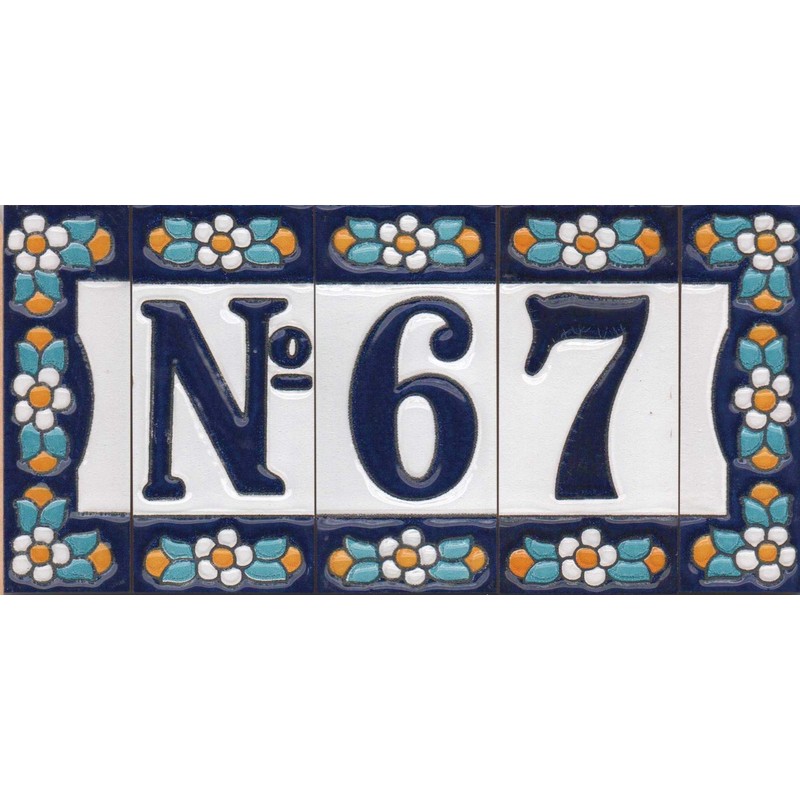 Ceramic House Tile Numbers & Letters, Blue Floral Design, Tile