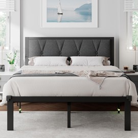 Feonase Queen Metal Bed Frame with Fabric Button Tufted Headboard, Platform Bed with Heavy Duty Metal Slats, 12 Inch Storage Space, Noise Free, No Box Spring Needed, Dark Grey