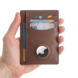 AirTag Wallet - HEEDFULL - Genuine Leather, Slim Design, Wave One, A Sleek and Minimalist Accessory for Your AirTag Tracker - Medium Brown