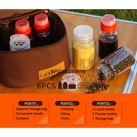 DZRZVD Camping Seasoning Jar Set,Outdoor Spice Kit,Portable Spice Condiment Dispenser for Backpacking Hiking,Liquid Bottle 3pcs & Powder Bottle 3pcs,600D Encrypted Oxford Cloth Storage Bag-Wine