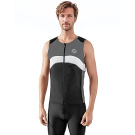SLS3 Tri Top Men - Sleeveless Mens Triathlon Top – PRO Premium FX Material - 3 Pocket Triathlon Shirts for Men (Black/Thunder Grey/White, Large)
