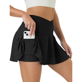 COPYLEAF Tennis Skirt for Women High Waisted Golf Skirts with Pockets Shorts Crossover Athletic Pleated Skorts Skirts(Black L)