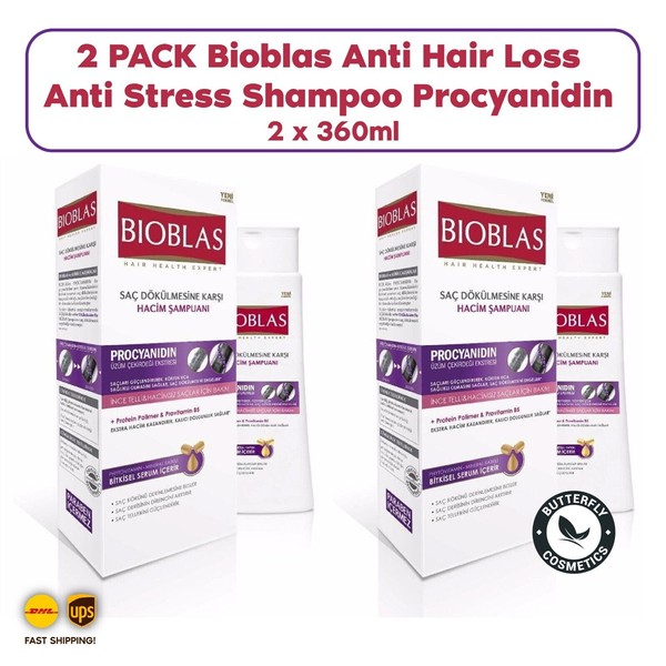 2 PACK Bioblas Anti Hair Loss Anti Stress Shampoo Procyanidin 2 x 360ml