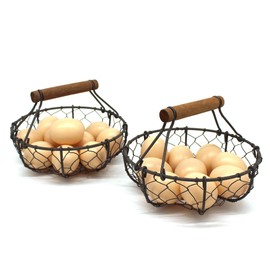 CVHOMEDECO. Round Chicken Wire Egg Baskets Rust Collection Baskets with Wooden Handle Country Vintage Style Storage Baskets Set of 2