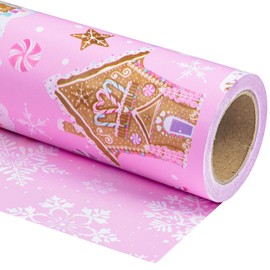 WRAPAHOLIC Reversible Christmas Wrapping Paper - Mini Roll - 17 Inch x 33 Feet - Pink Gingerbread House and Snowflake Design with Embossed for Chrsitmas, Holiday, Party Celebration