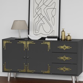 LiveInUrban Art Deco Faux Metal Spray Paint Effect Knob and Corner Decoration, Peel and Stick Linear Decorative Set For Wall Cabinet Furniture, Gold Parallel Lines, 5.9"X5.9"X8PCS+7.87"X2.99"X4PCS