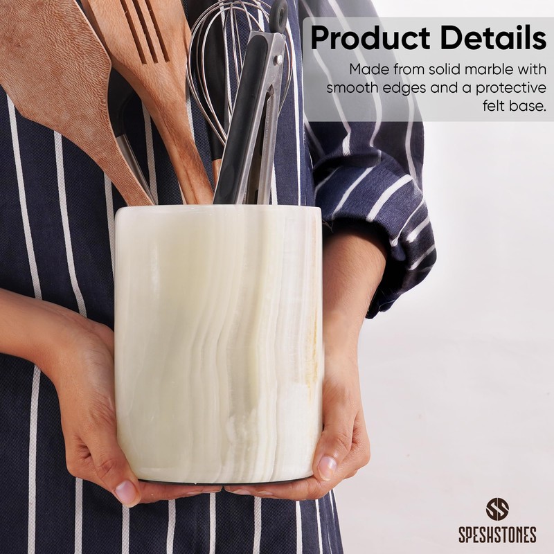 SPESHSTONES Marble Utensil Holder 6.5 Inch White Onyx Wooden Cooking