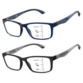 CARA Progressive Reading Glasses for Men Multifocus TR90 Readers, Superior Lightweight Blue Light Blocking Eyeglasses 2 Pack(Black+Blue, +3.00)