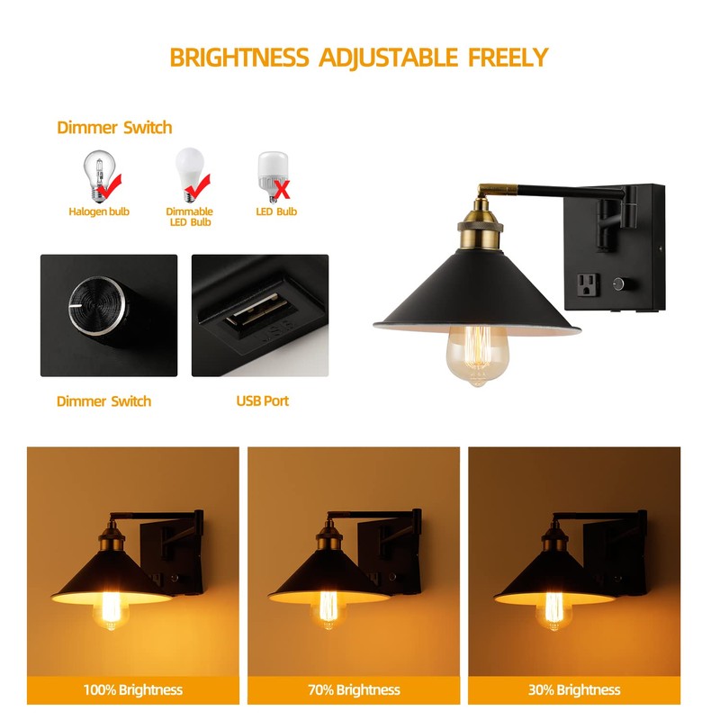 Bedside Wall Mount Light with Dimmable Switch and Outlet, Swing