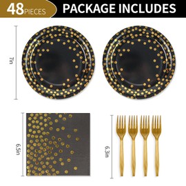 48PCS Black and Gold Plates and Napkins Party Supplies, Gold Dot Disposable Party Paper Plates and Napkins with Forks Tableware Set for Birthday Wedding Graduation Party Decorations 16 Guests | KFJBPB