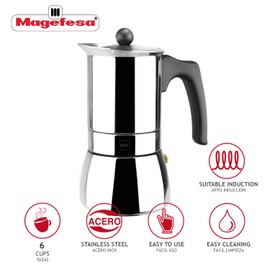 MAGEFESA ® Genova Stovetop Espresso Coffee Maker, 6 cups / 10 oz, made of 18/10 Stainless Steel, make your own ome Italian coffee, cuban coffee, with this moka pot, safe and easy to use, café