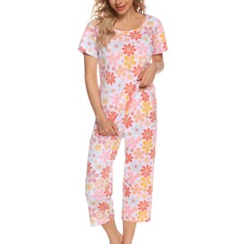 ENJOYNIGHT Women's Cotton Pajamas Set Short Sleeve Top with Capri Pants Sleepwear Set (XX-Large,Pink-Flower)