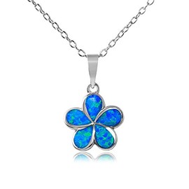 Blue Simulated Opal Stone Hibiscus Flower Necklace Rhodium Plated Sterling Silver