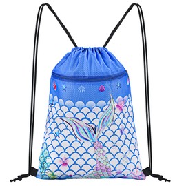CHEPULA Gym Drawstring Backpack,Sports Gym PE Bag Waterproof Swimming Beach Backpack with Zippered Pocket Mermaid Blue