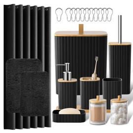 Z ZONAMA Bathroom Accessories Set - 24PCS Black Bathroom Set with Shower Curtain and Rugs, Trash Can, Toilet Brush Holder Set & Soap Dispenser – Stylish & Functional Bath Decor for Home, Apartment