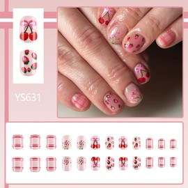 24PCS Short Press on Nails Summer Fake Nails Full Cover Square Pink Flower False Nails Pink Strawberry Cherry Stick on Nails Cute Checkerboard Glue on Nails Glossy Short Glue on Nails for Women