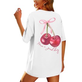 BINTEHGS Oversized Graphic Tees for Women Trendy Cherry Printed Shirt Cute Summer Aesthetic Cotton Tshirts Tops for Teens(White,S)