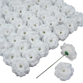 Eternal Blossom Rose Head Flowers with Stem, 50 White Artificial Flowers, Used for Wedding Decoration DIY Handmade Flowers Silk Fake Rose 3 Inches and 6 Inches Stem