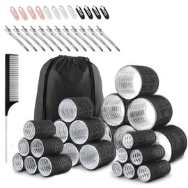 50 Pcs hair rollers of self-grip for long, medium, & short hair with 4 Sizes (60/48/36/25mm) Rollers (6 jumbo, 6 large, 6 medium, and 6 small rollers plus 1 storage bag) and 24 pieces of hair clips