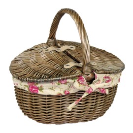 Red Hamper Antique Wash Double Lidded Oval Picnic Basket Garden Rose Lining, Wicker, Brown, 23 x 30 x 17 cm