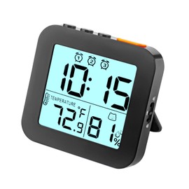 Linoutx Digital Alarm Clock, Battery Operated Desk Clock with 3 Bells, Small and Light Travel Clock with Temperature, Portable Clock with Humidity, Snooze, 12/24H Display for Heavy Sleepers (Black)