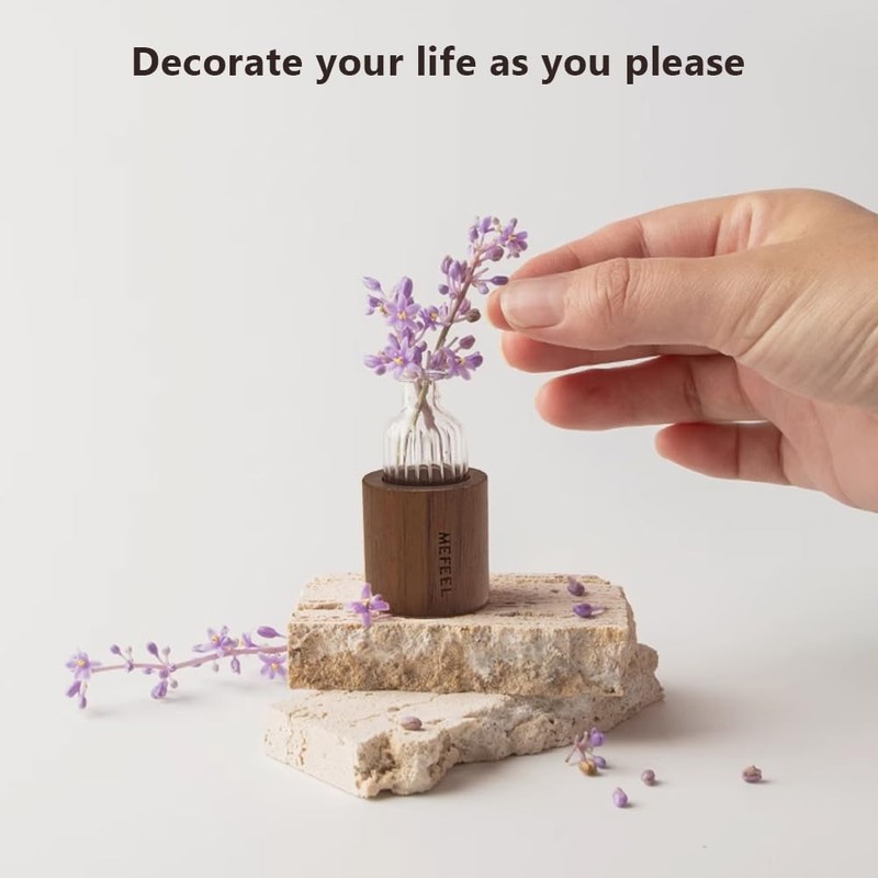 WAYUTO Self-Adhesive Glass Vase with Walnut Stand Removable Car Plant