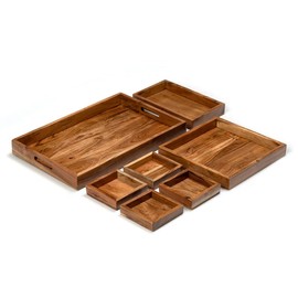 WEBHUSHI Acacia Wood 7-Piece Nesting Tray Set with Handles Decorative Serving Trays for Food Charcuterie Ottoman Coffee Table Countertop Rectangular Square Various Sizes