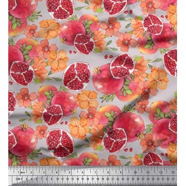 Soimoi Cotton Voile Fabric Leaves,Floral & Pomegranate Fruits Printed Fabric 1 metre 42 Inch Wide