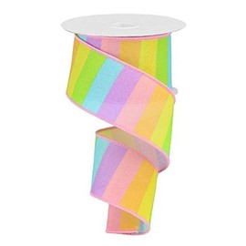 Rainbow Horizontal Stripe Canvas Wired Edge Ribbon - 10 Yards (Pastel Multi, 2.5")