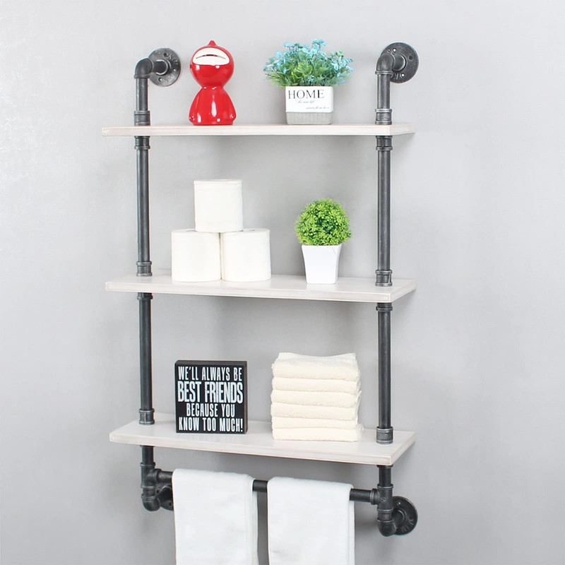 MBQQ Industrial Shelving,Bathroom Shelves with Towel bar,24in Rustic Metal Pipe