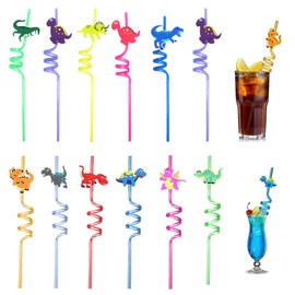 FENQURO Pack of 12 Dinosaur Straws, Children, Reusable Plastic Straws, Curly Party Straws, Birthday Party Decorations, Party Accessories